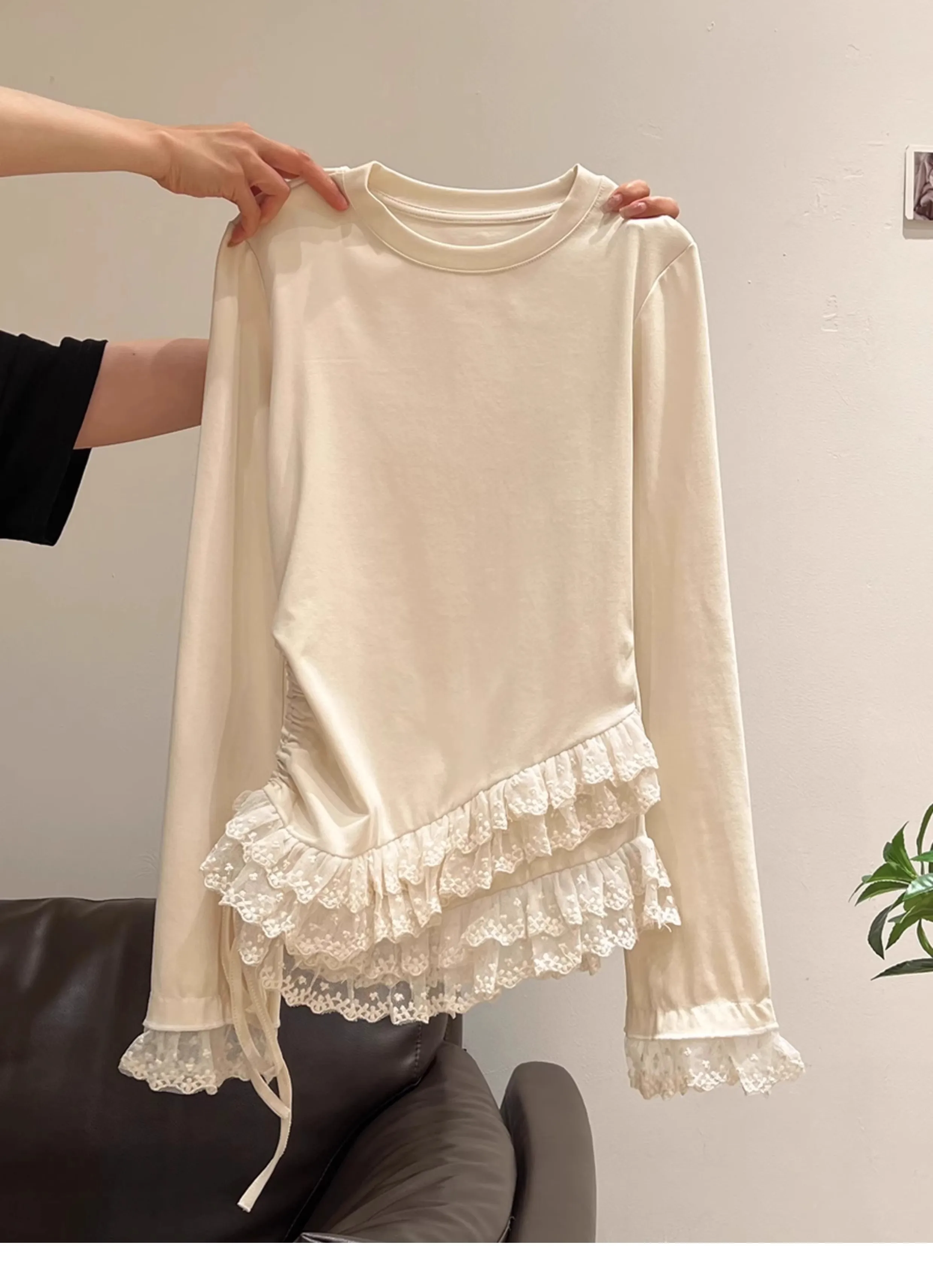 Long Sleeve O-Neck T-Shirt Women's Base Layer Shirt Autumn Winter Velvet Flocking Commute Sle Slim Fit Lace Splice Top