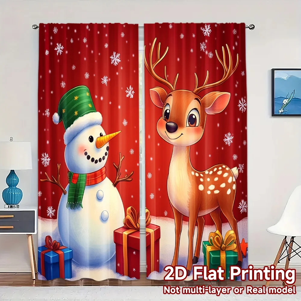2pcs,Curtains Cute Christmas Reindeer Snowman Gifts (2) Minimalist Chic Curtains Polyester Easy Install Curtains Decorations for