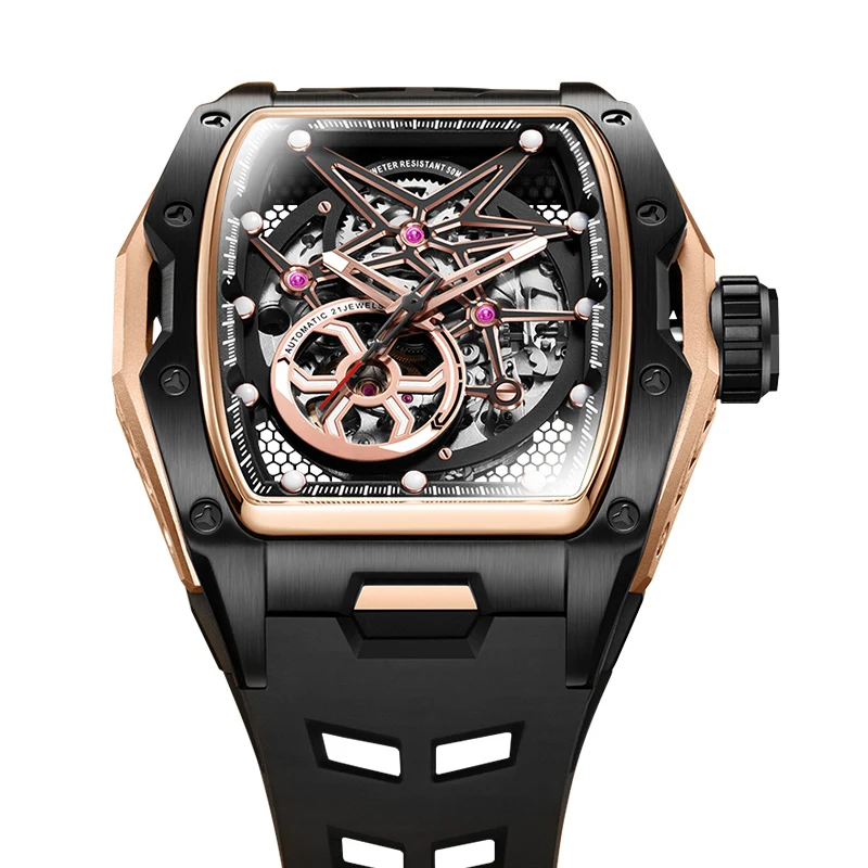 دانيال جورمان DG8166 ساعة أوتوماتيكية هيكل عظمي برميل حافظة سيليكون حزام مضيئة مقاوم للماء ساعات آلية رياضية للرجال