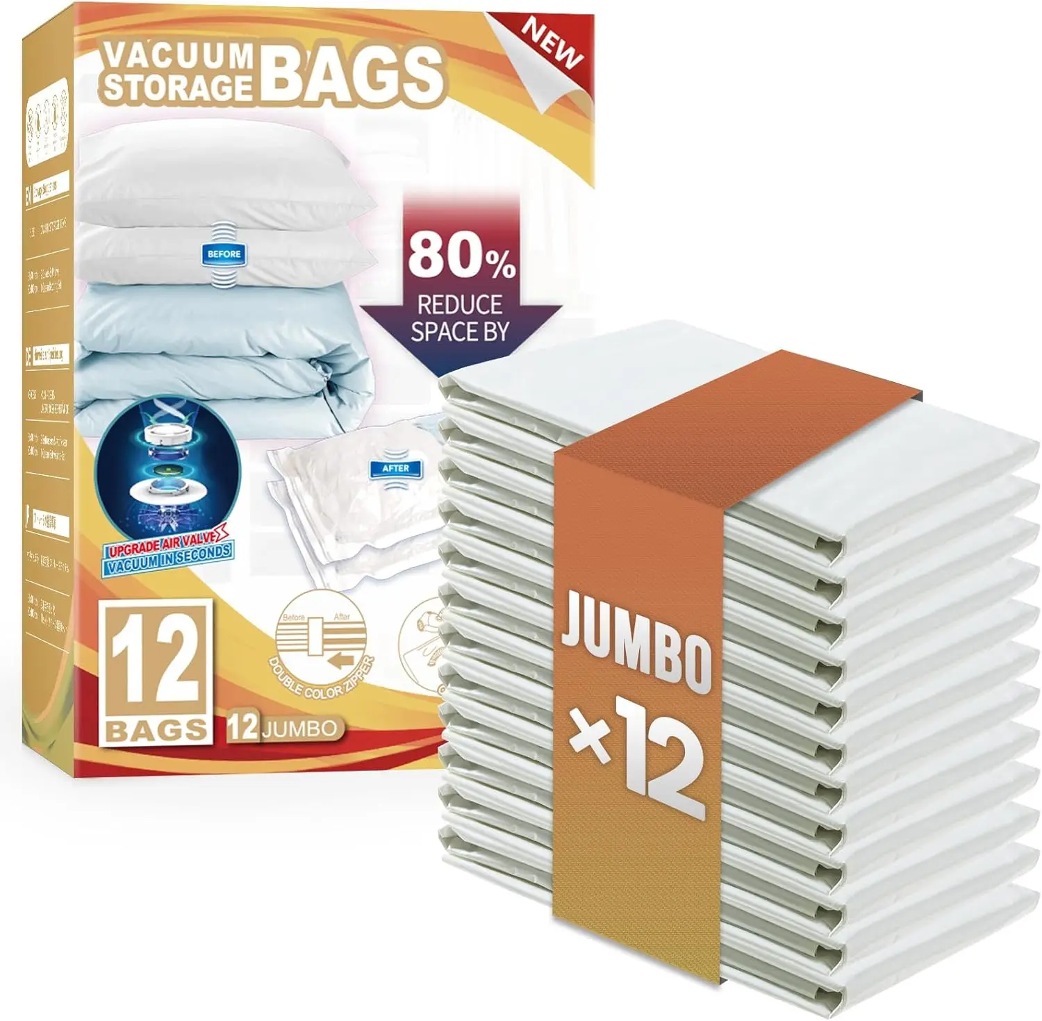 

12 упаковок вакуумных пакетов для хранения Jumbo, 40x31 дюймов для одежды, постельного белья и подушек для экономии места в шкафу