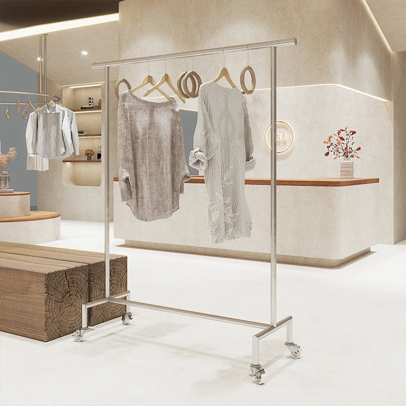 Clothing store display rack Floor-to-ceiling mid-island rack with wheels Clothing  Live stream Stainless steel display rack
