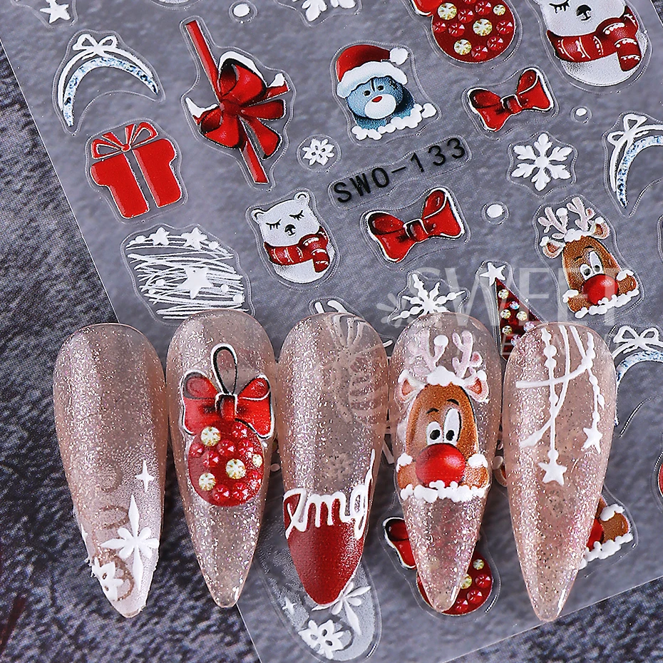 3pcs 양각 크리스마스 네일 스티커 귀여운 눈사람 눈송이 산타 클로스 활 네일 데칼 가을 겨울 네일 용품 장식