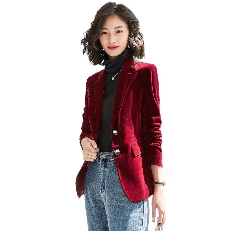 Spring Fall New Fashion Women Midnight Navy Slim Velvet Blazer Office Lady Double Button Leisure Jacket Coat Girl Party Gift