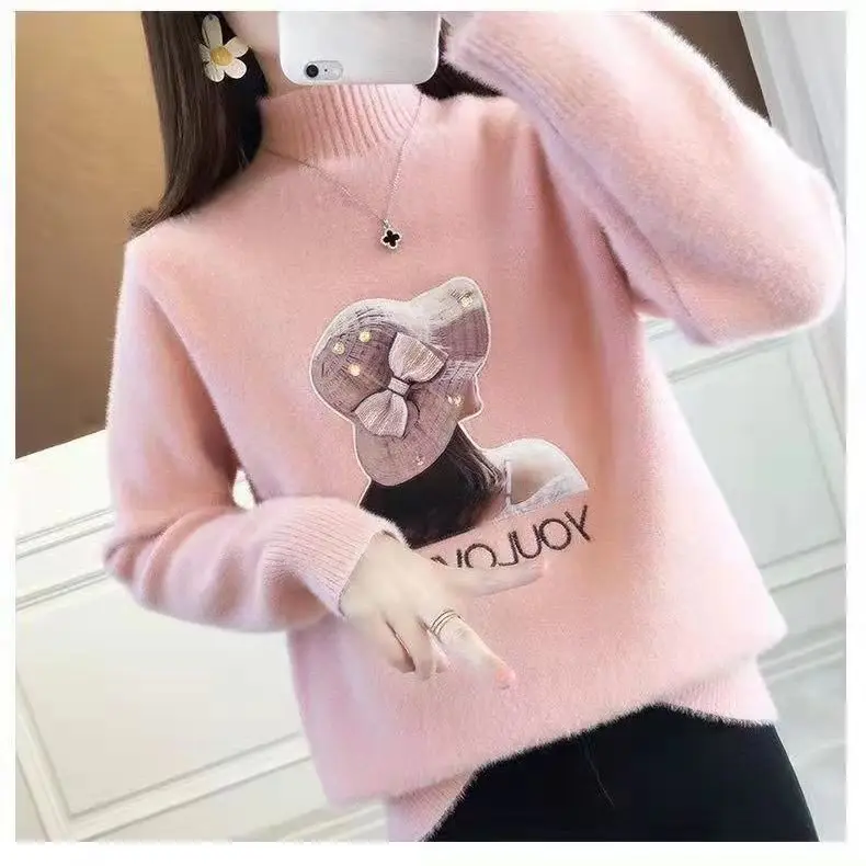 2023 New Autumn and Winter Fashion Solid Color Half High Neck Thread Splice Knitted Temperament Casual Loose Sweater for Women