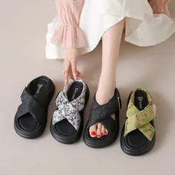 Large Size Fashion Womens Shoes 2024 Cross Female Sandal Clogs With Heel Big Luxury Spring Low Girls New Outside Thick Summer Ru