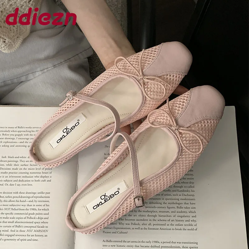 

Female Slip On Footwear Ladies Flats Mary Janes Shoes Mesh Breathable Fashion Butterfly-Knot Women Flats Shoes Slides Mules