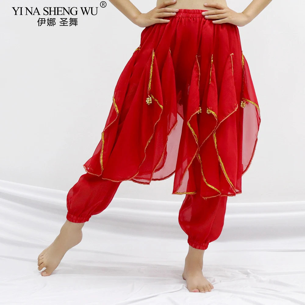 Belly Dance Performance Pants Adult Women Indian Dance Practice Dancing Chiffon Bloomers Dance Practice Gold Trim Rotating Pants