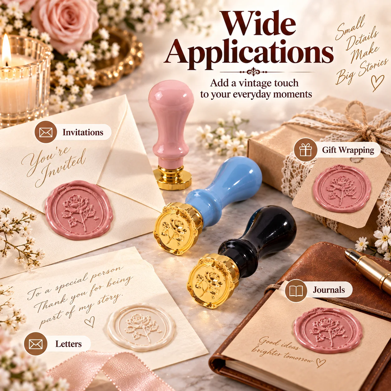 Vintage Rose Wax Seal Stamp 5 Colors Detachable Brass Head For Wedding Invitations Gift Wrapping Party Envelope - view 6