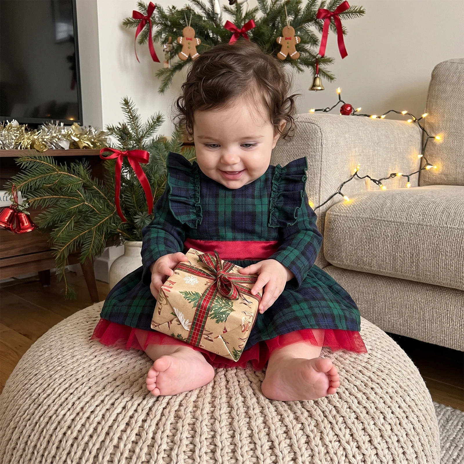 Toddler Baby Girls Christmas Dress Princess Kids Plaid A Line Crew Neck Long Sleeve Party Tulle Dress Xmas Gifts Outfits