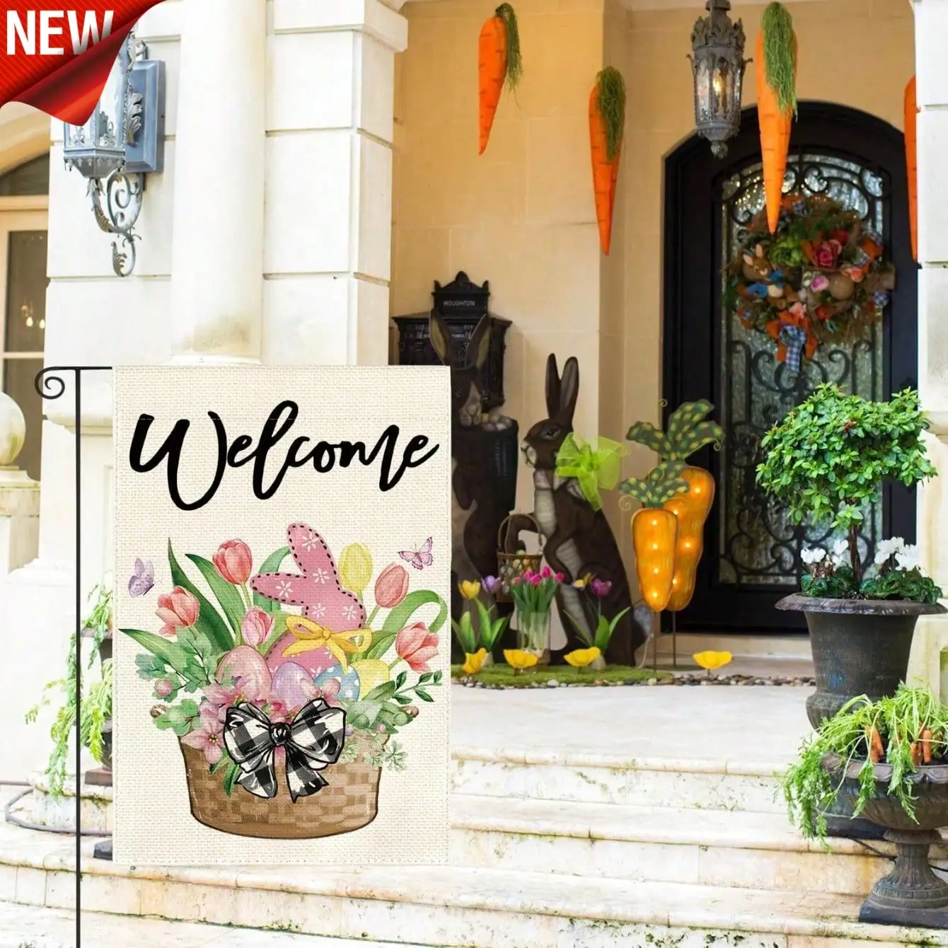 

Easter Double Sided Garden Flag Spring Holiday Outdoor Decor - Vibrant Tulips, Colorful Easter Eggs and Cute Bunny Rabbit