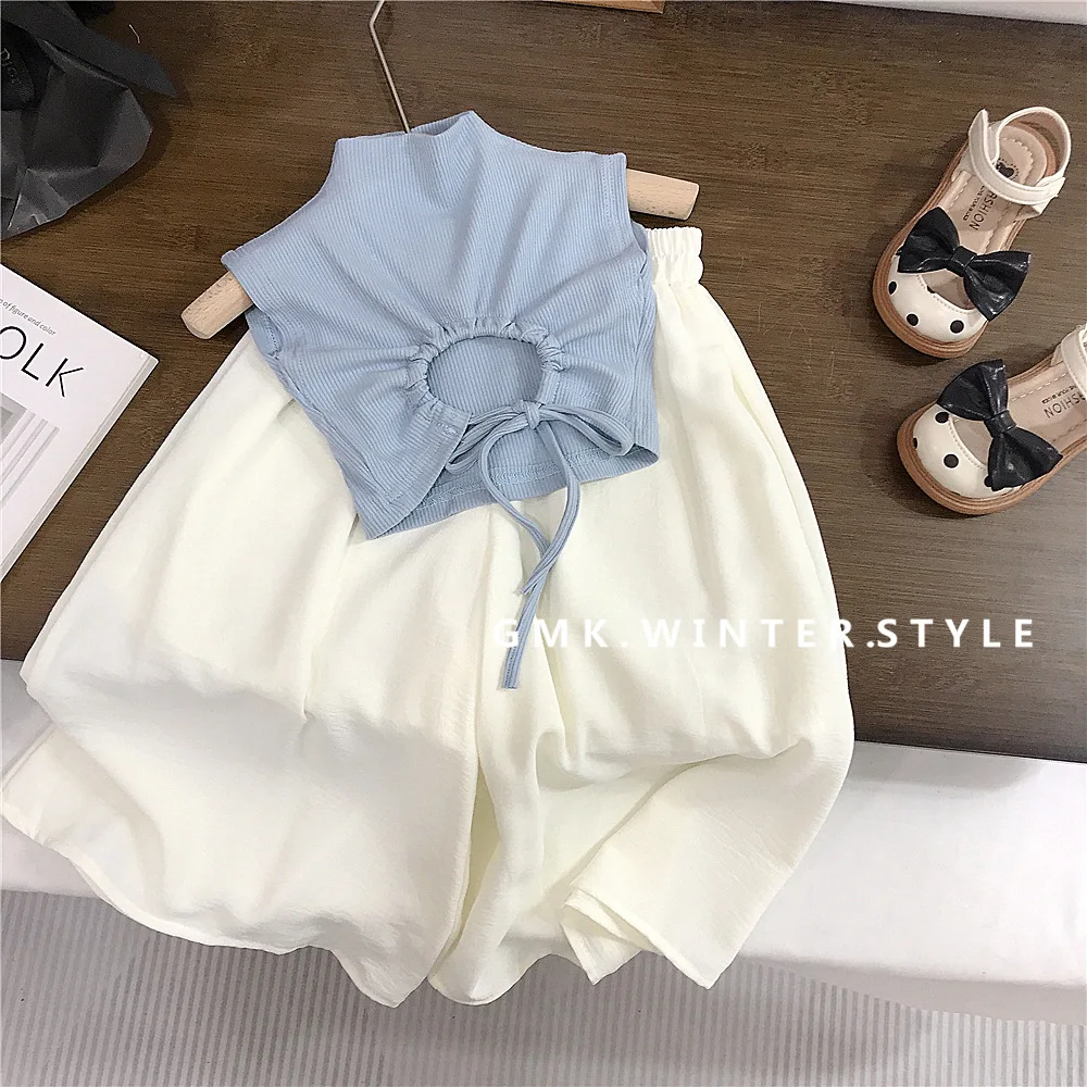 UNITIM Summer Baby Girl 2PCS Clothes Set Cotton Backless Sleeveless Top Suits Solid Elastic Wiast Wide Leg Pant Kid Girl Outfits
