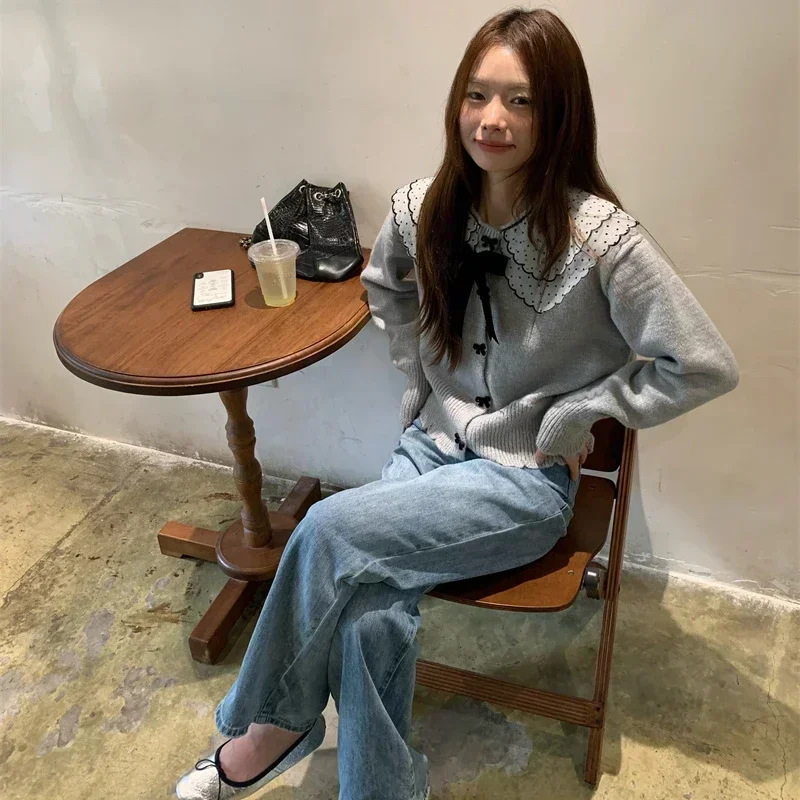 Peter Pan Kragen Strickjacke Frauen Süße Baggy Weiche Schleife Pullover Zarte Ulzzang Mode Casual Outwear Studenten Krono SEMди Ж Diego