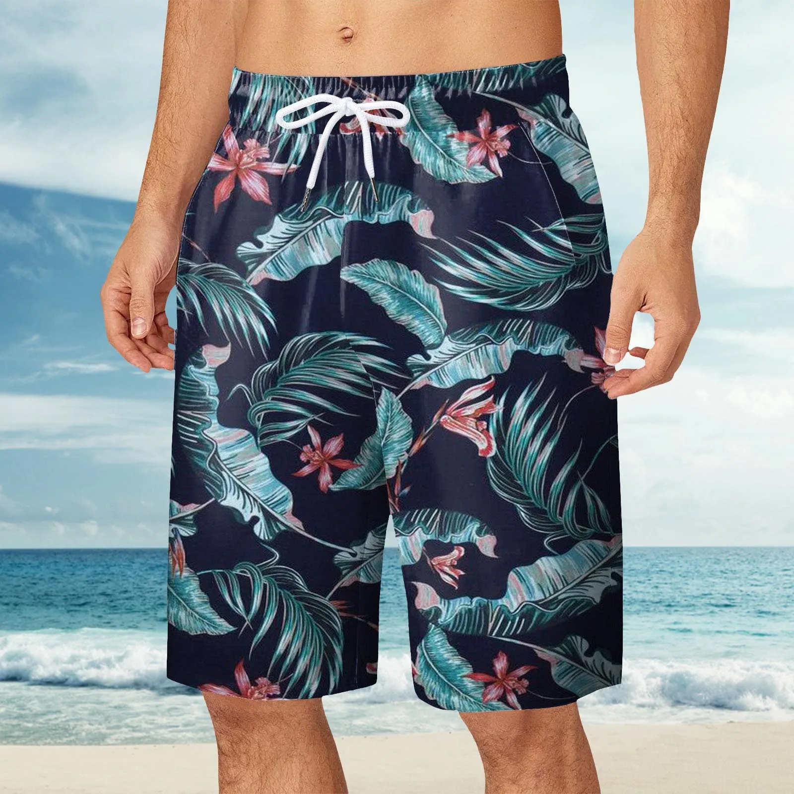 Men's Summer Scenery Quirky Digital Print Drawstring With Elastic Waist Casual Fashion Beach Shorts Mens Swim Shorts Pockets