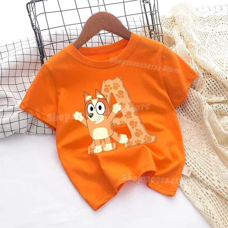 

Blueye Girl Оранжевая детская футболка из хлопка с милыми буквами Bingo Chilli A-Z, детская уличная одежда с принтом аниме, повседневная одежда, рождественская игра, подарок