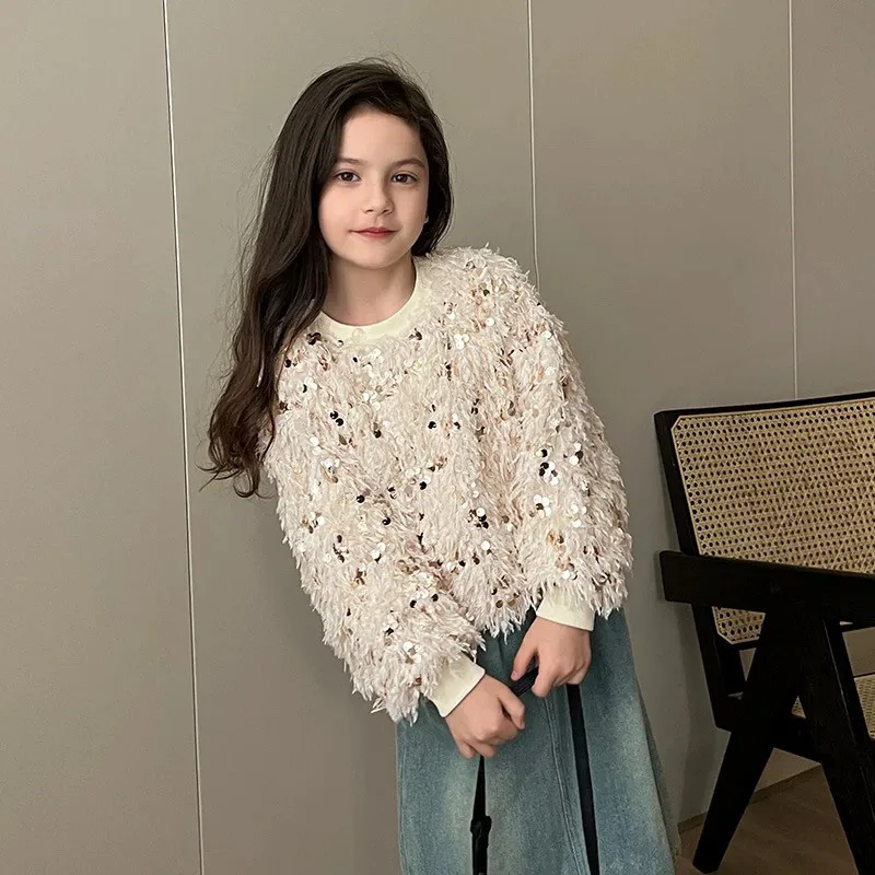 Girls' Thick Velvet Hoodie for Autumn and Winter Children's sequin tassel long sleeved top pullover