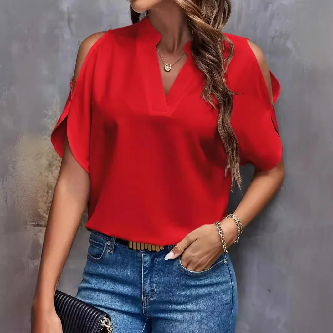 European and American women\'s clothing New solid color V-neck temperament fashion off-the-shoulder sleeve blouse