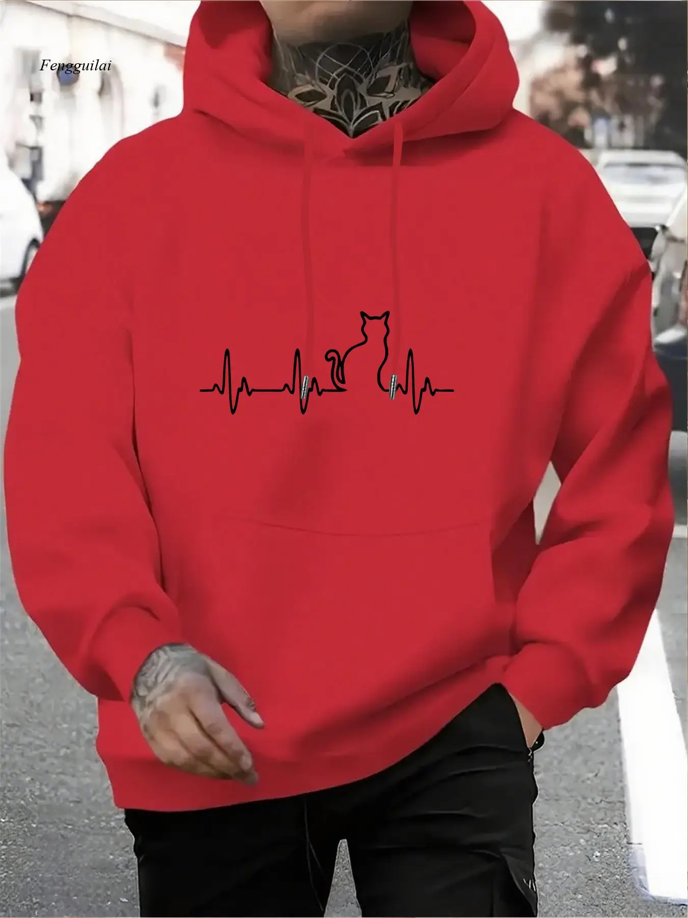 Cat EKG Heartbeat & Paw Print Hooded Sweatshirt - Warm Winter Hoodie, Urban Streetwear Gym Casual, Cat Lover Apparel