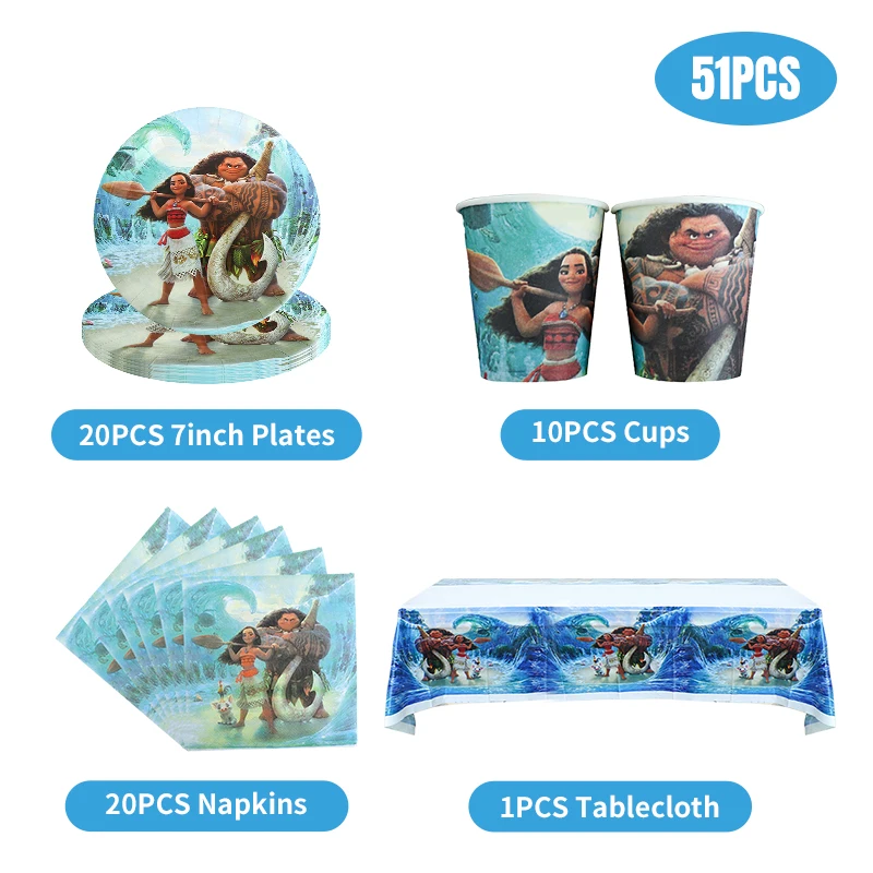 Disney Moana Princess Birthday Party Decoration Tableware Set Paper Cups Plates Tablecloth Backdrop Number Balloons Baby Shower