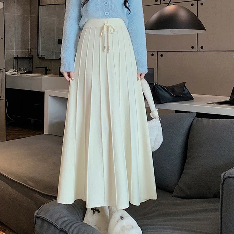 Autumn Winter Knitted Long Skirts Women Fashion Lace Up High Waist A Line Skirt Woman Solid Color Soft Warm Mid Length Skirts