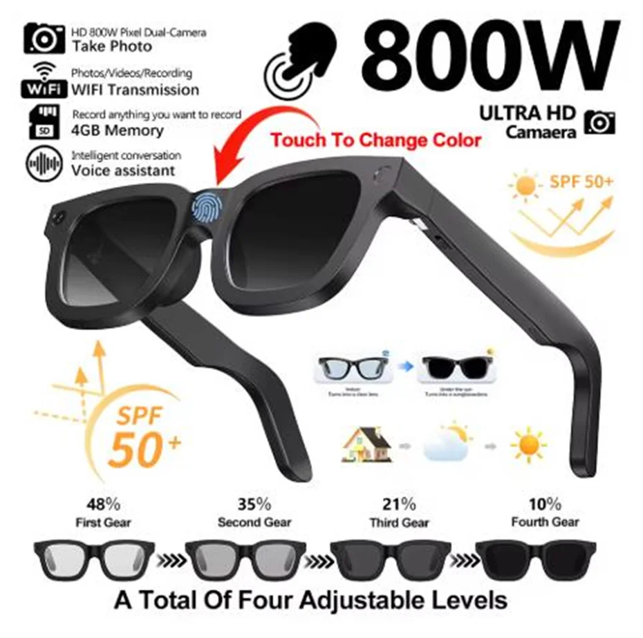 

Умные очки 2026: HD фото и видео, запись и перевод с OpenAI, сенсорные фотохромные линзы, Bluetooth-звонки, музыка, многофункциональные очки