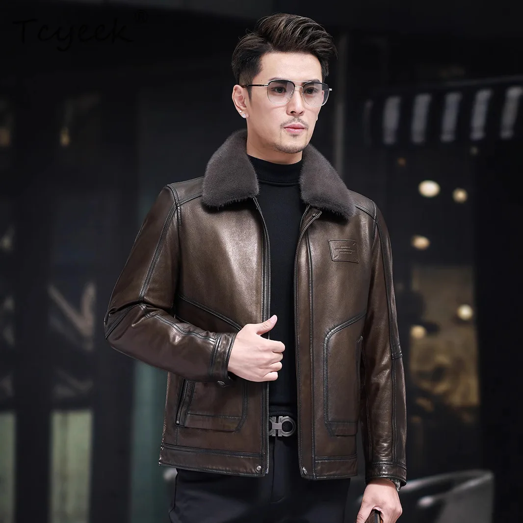 

Tcyeek 100% верхний слой овчины, натуральная кожаная куртка, мужская зимняя одежда с воротником из натуральной норки, 2025 г., повседневные мужские пальто Куртка Мужская