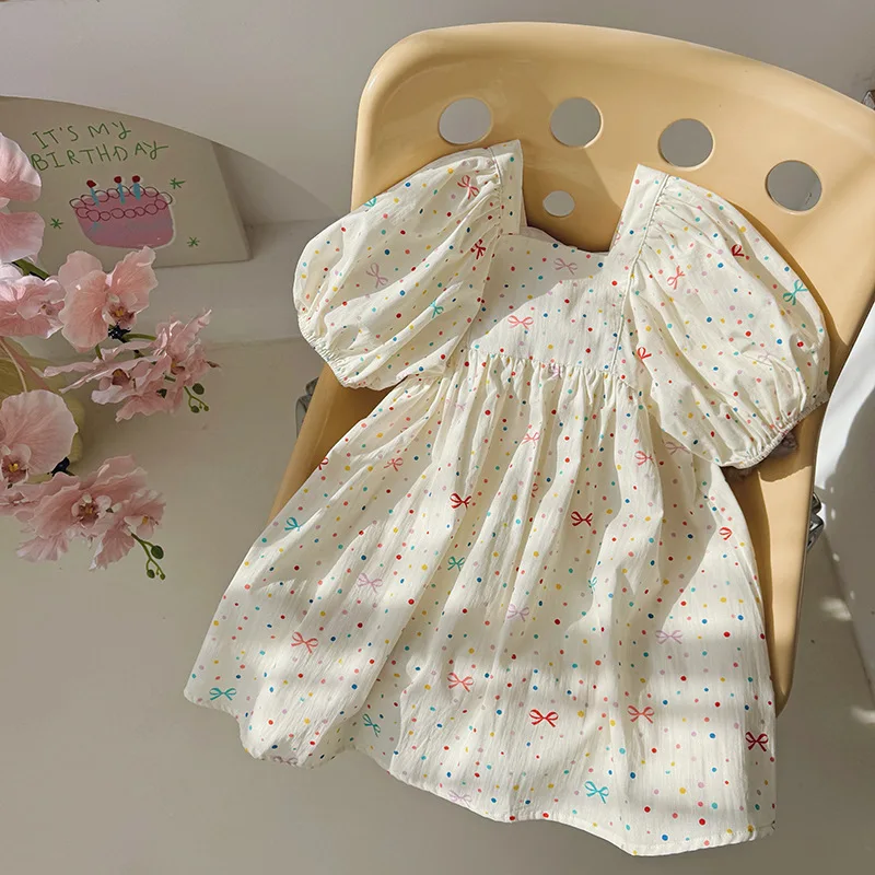 

2025 Summer New Korean Version Children's Clothing Bubble Sleeve Polka Dot Bow Printed Girls' Dress, Children's Princess Dress