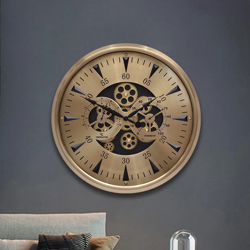 

Industrial Retro Light Luxury Mechanical Temperature & Humidity Gear Dynamic Creative Wall Clock for Study Room Cafe Decoration