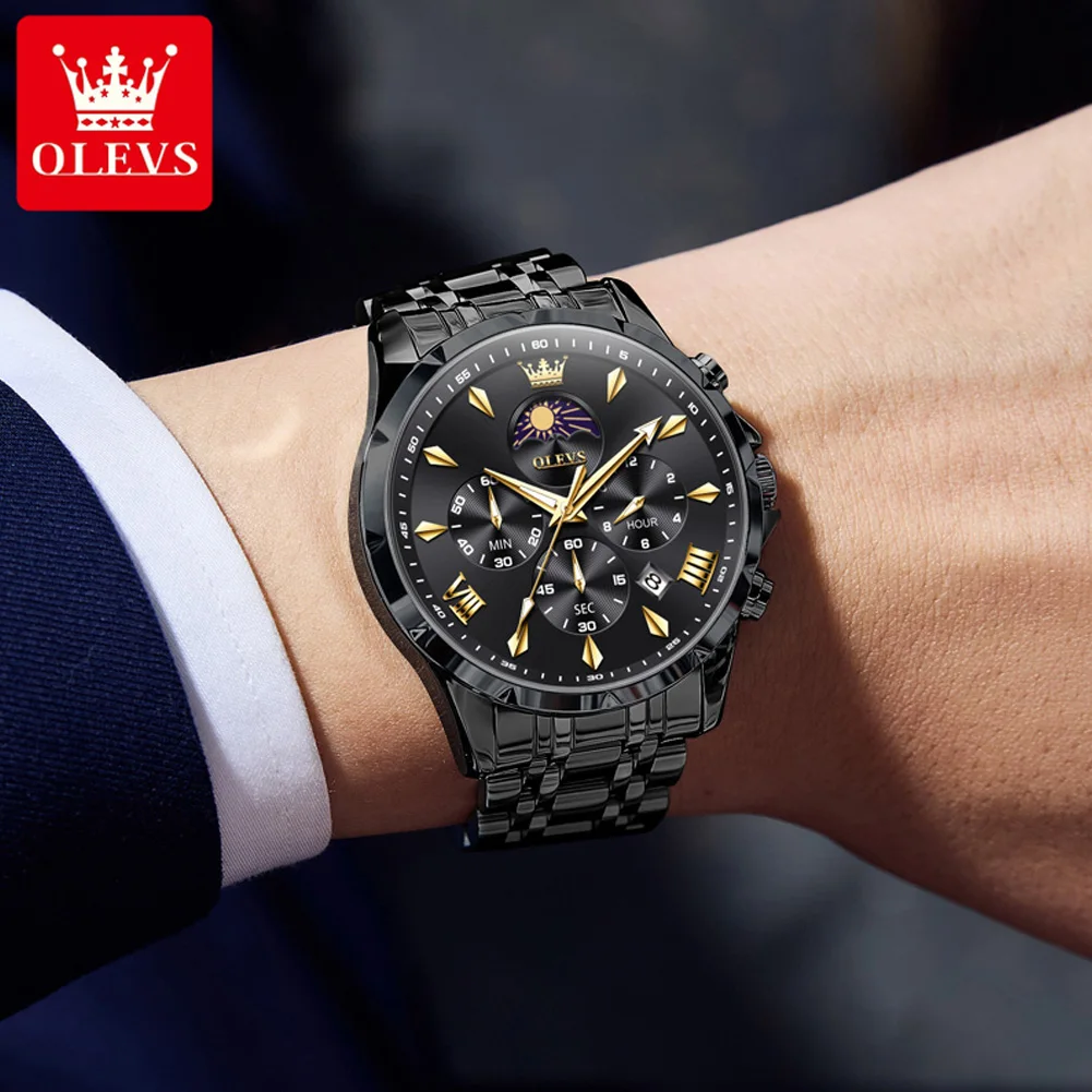 OLEVS 3653 Moon Phase Men Watch Luxury Brand Quartz Watch Fashion Original Waterproof Luminous 24-hour Automatic Date Men Watch