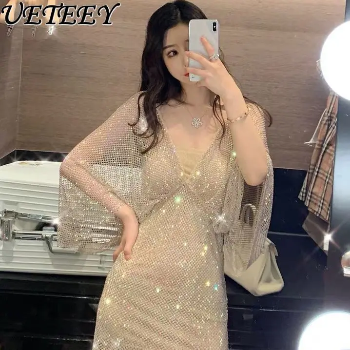 Spring and Summer New Colorful Rhombus Net Drill V-neck Banquet Dress Korean Style Bandeau Waist Slimming Sheath Dresses