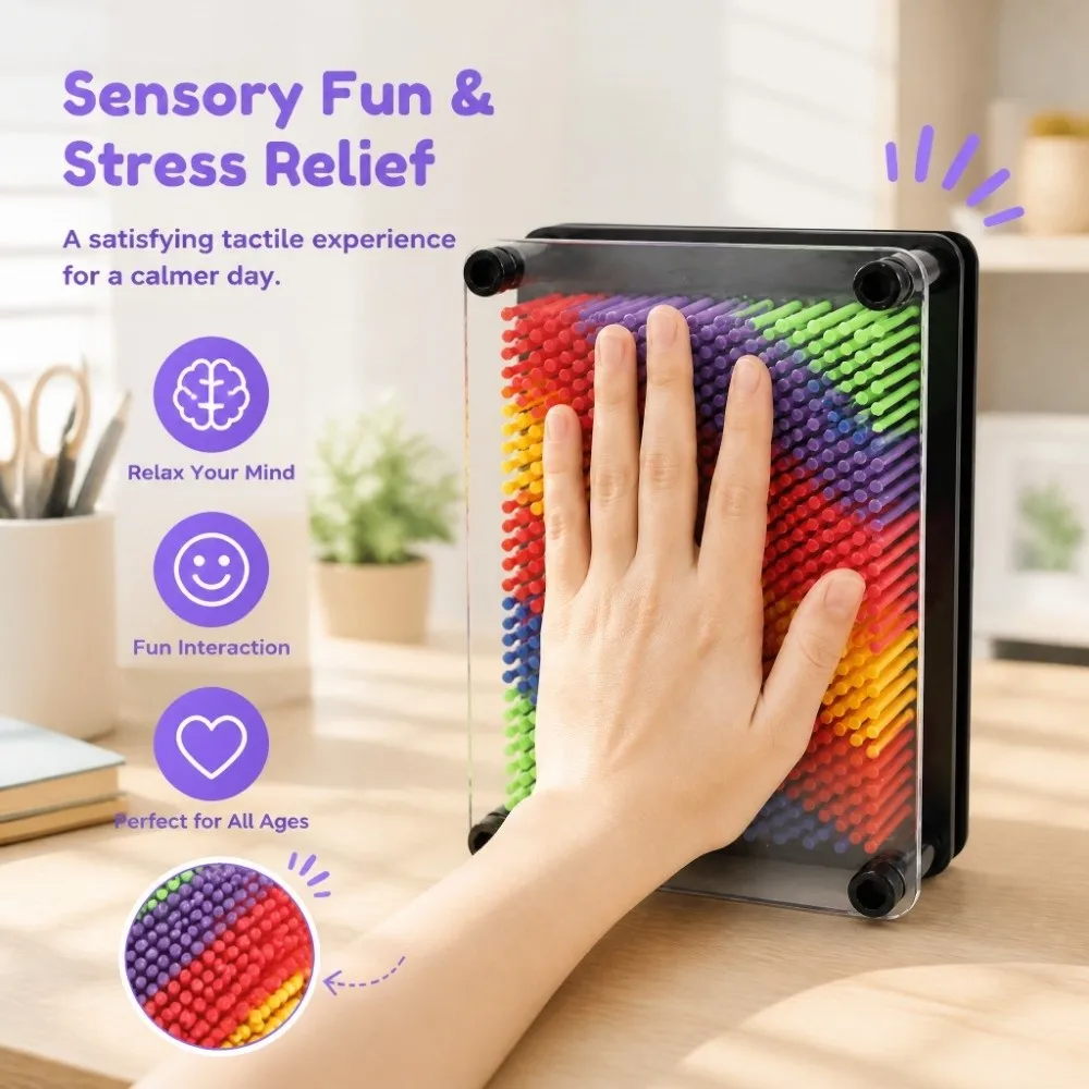 Interactive 3D Effect Pin Art Board Rainbow Color Novel Design Pin Art Toy Compact Size 3D Pin Sculpture Stress Relief