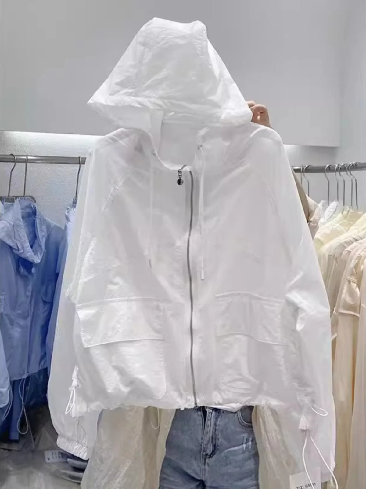 

Large Size 300 Pou Hooded Long Sve Men's Summer Korean Sle Sun Protection Clothing Stand Collar Zipper Loose Fit irt