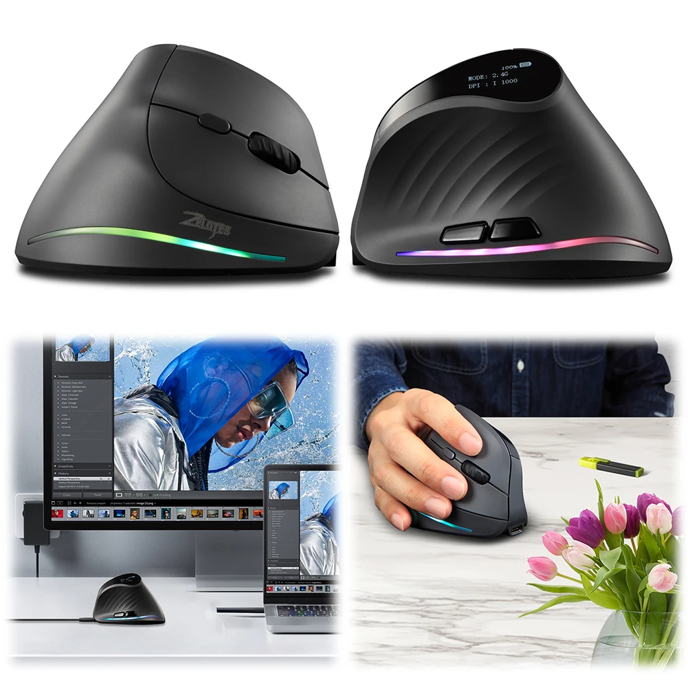 Vertical Wireless Mouse Adjustable DPI Ergonomic Mouse Rechargeable Tri-Mode BT+2.4GHz+Wired 7 Buttons for PC Laptop Mac