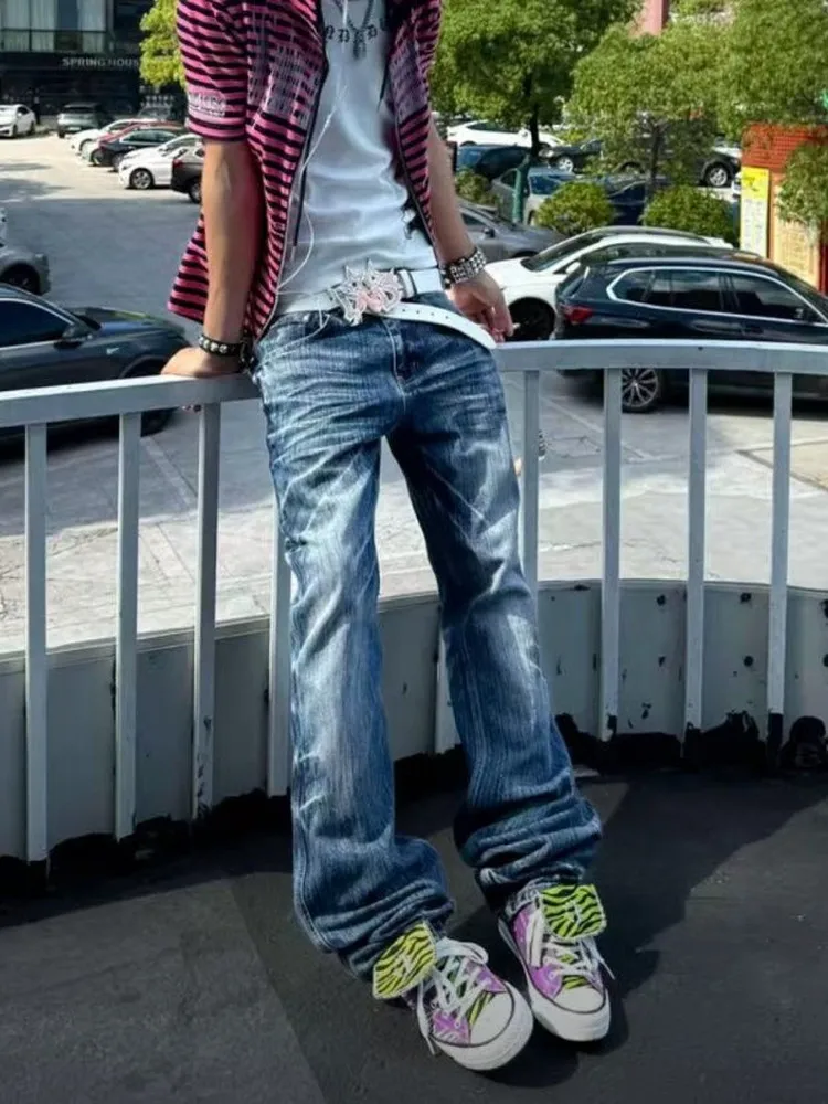 Men's Straight Leg Jeans Blue Ghost Retro Lightning Print Back Pocket Loose Fit Casual Long Trousers Street Style Jeans