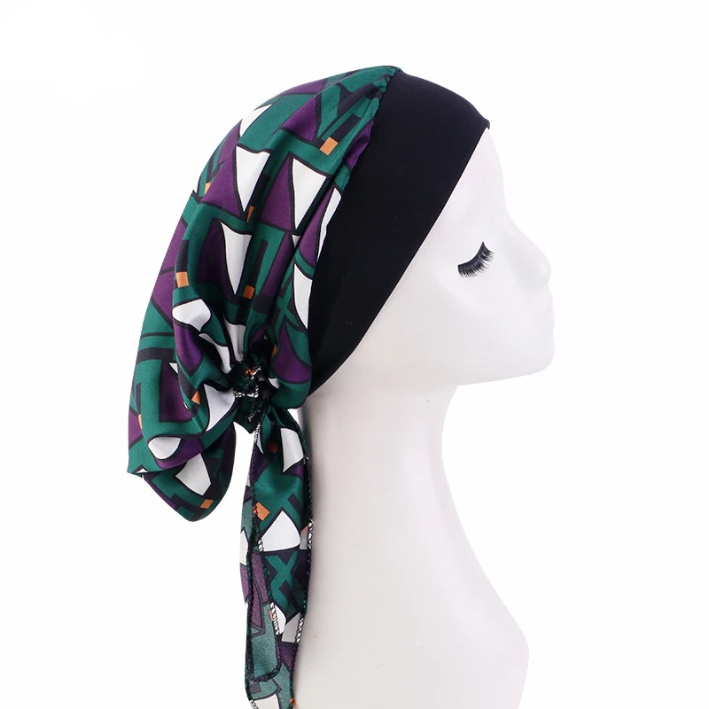 Indian Pre-Tied Muslim Womens Hijab Cancer Chemo Flower Print Hat Turban Cap Cover Hair Loss Long Tail Head Scarf Wrap Bandana