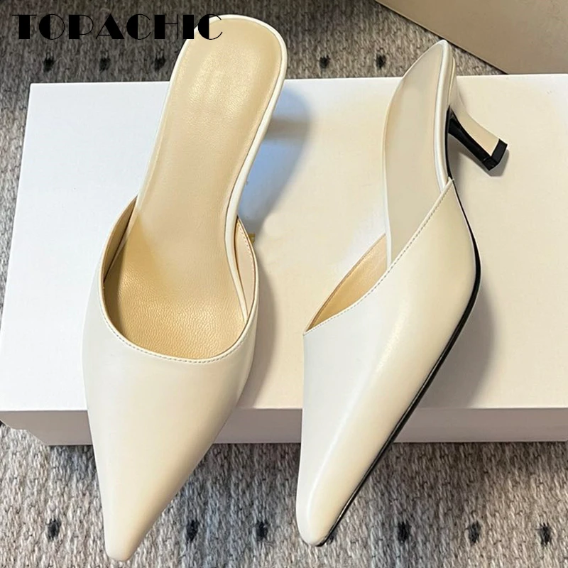 4.10 TOPACHIC High Quality Sheepskin Slippers Female Temperament Pointed Toe Kitten Heels Sandals