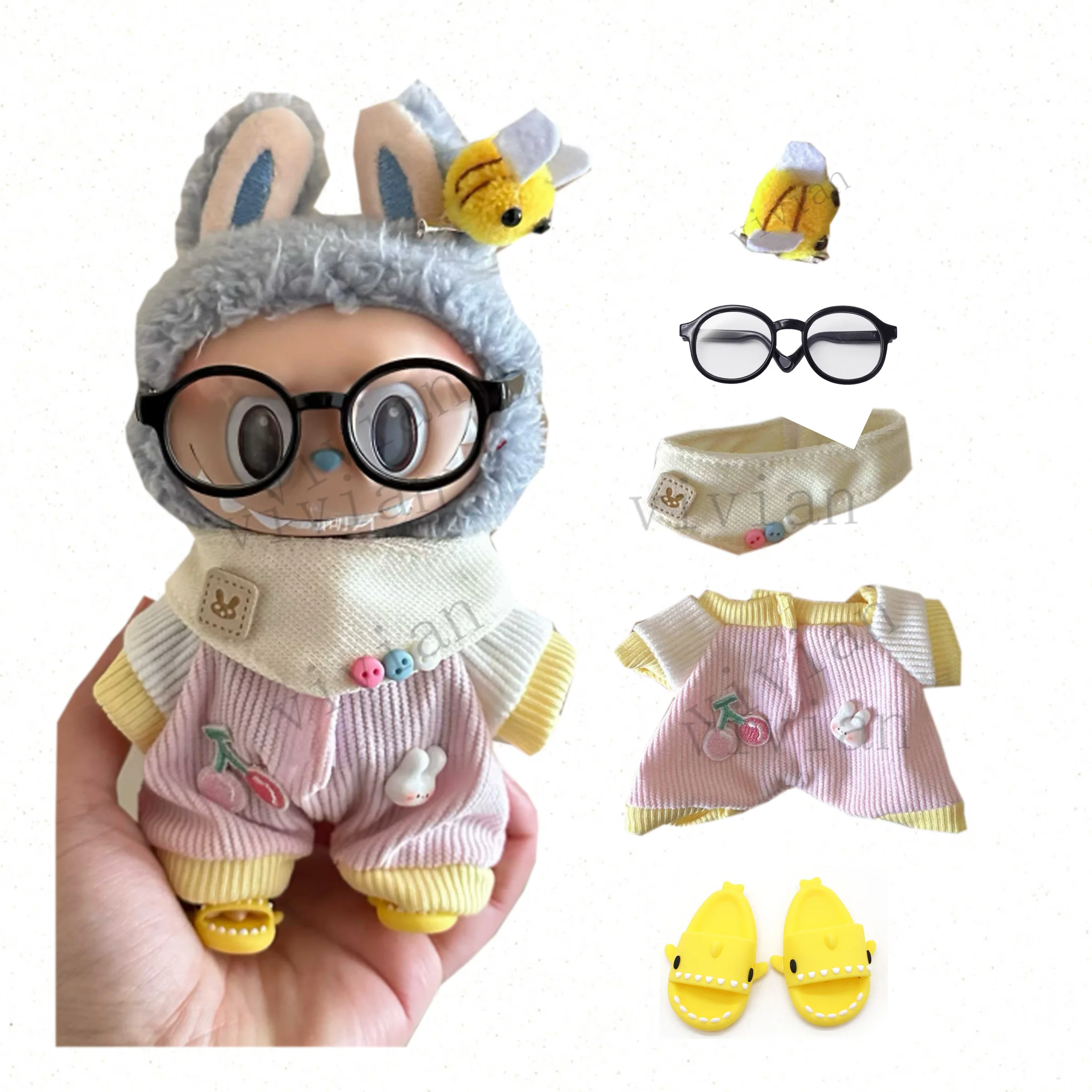 Mini Doll'S Clothes Outfit Accessories For 15-17cm Labubu 10cm cotton doll Blue pink spring climbing slipper suit Clothing Gift