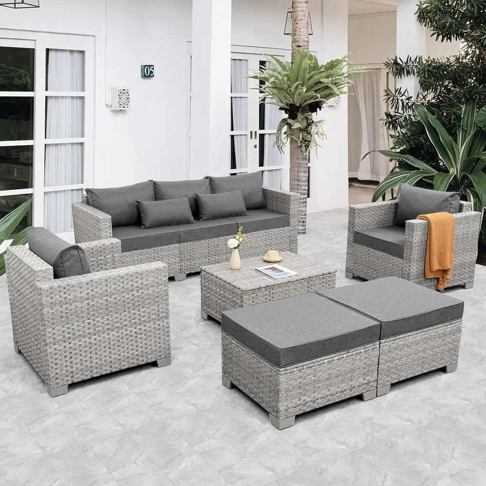 

6-Piece Grey PE Rattan Outdoor Patio Furniture Set with Storage Coffee Table and Cushions
