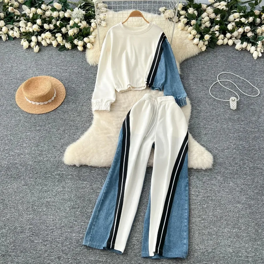 

Denim Suits Women Shirt Matching Sets Sweatshirts Tops High Waist Long Pant Streetwear Ensemble 2025 Vintage 2 Piece Sets Autumn