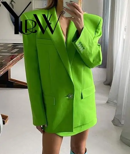 Getspring Women Blazer Set Skirt Suit Green Shouder Padded Oversized Coat Jacket 2024 Long Sleeve Single Button Skirt