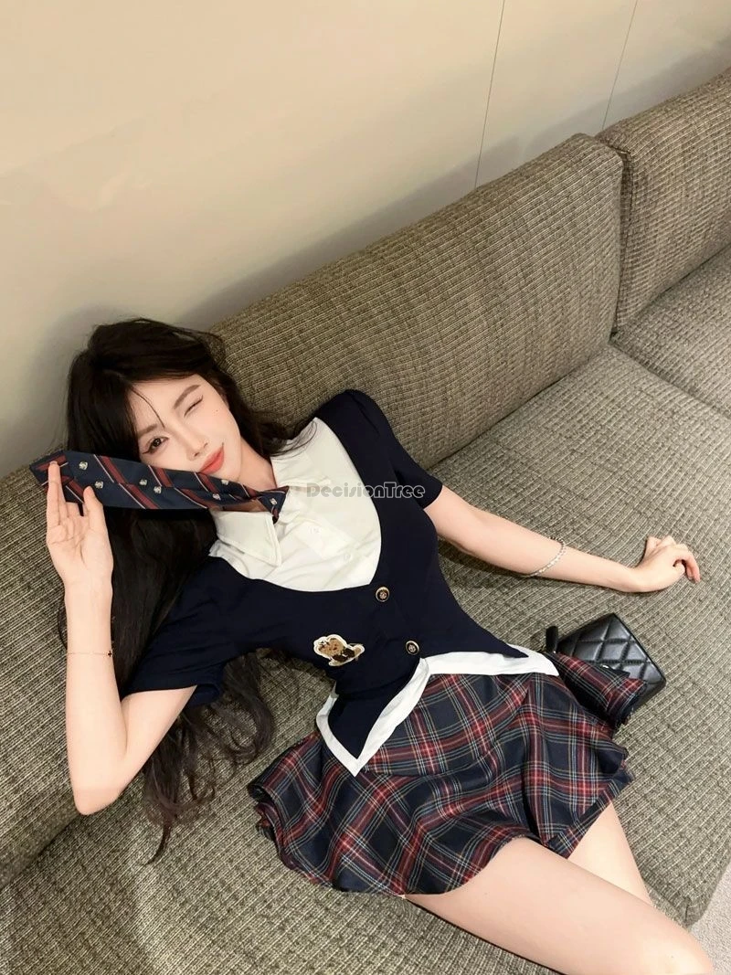 2025 nuove donne estate corea giappone moda jk uniforme camicia a maniche corte, top gonna a quadri set due pezzi sexy dimagrante jk set