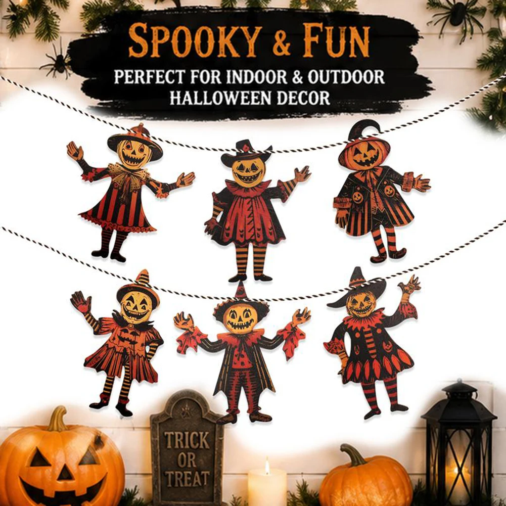 6-teiliges Halloween-Hängeparty-Banner aus Holz, Girlanden-Set, gruselige Kürbis-Hängedekorationen, gruselige Wandbehang-Tür-Eingangsbereich – Detail 6