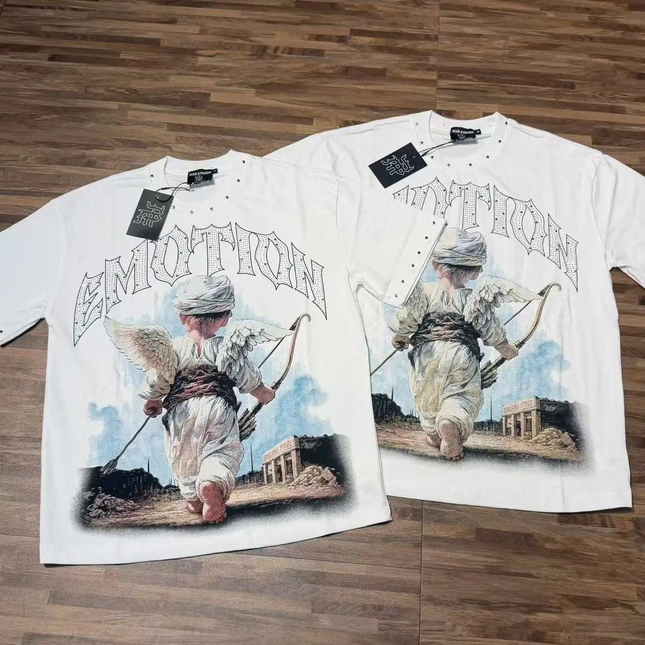 Mixed Emotion Angel Print High Street Cotton T-Shirt with Rhinestones Short Sleeve Streetwear Citywalk Daily Wear Youth Fashion