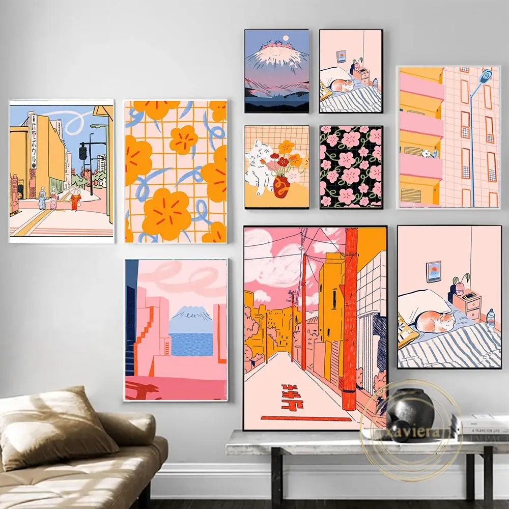 

Japanese Style Street Scenery Canvas Painting Abstract Flower Orange Pink Wall Art Poster Modern Home Decor Living Room Decor