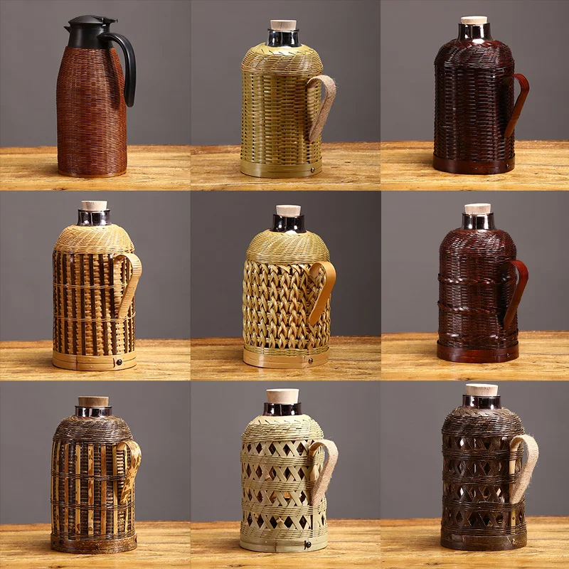 Bamboo-woven hot water jug home vintage hot water jug glass liner vintage open water bottle tea.