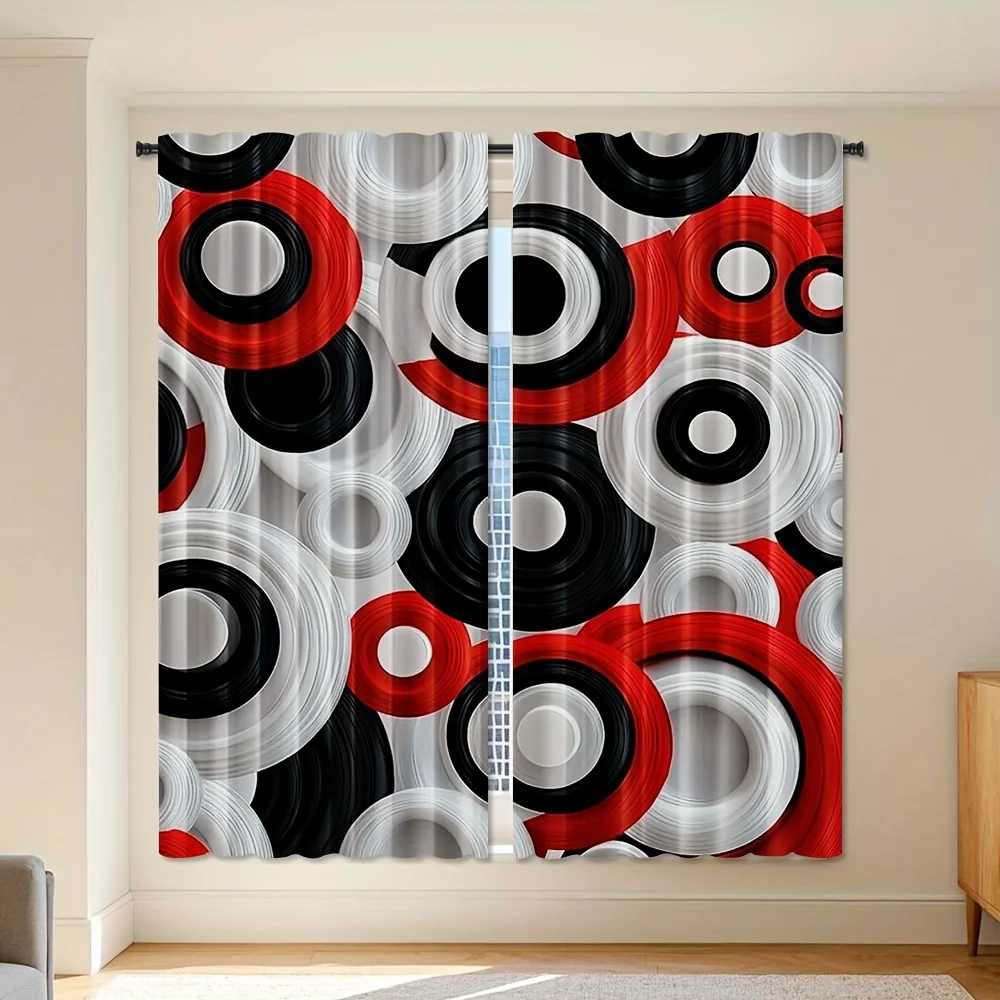 2pcs Contemporary Abstract Circle Graphic Print Curtains - Light Filtering Polyester, Rod Pocket Design, Semi-Translucent for Li