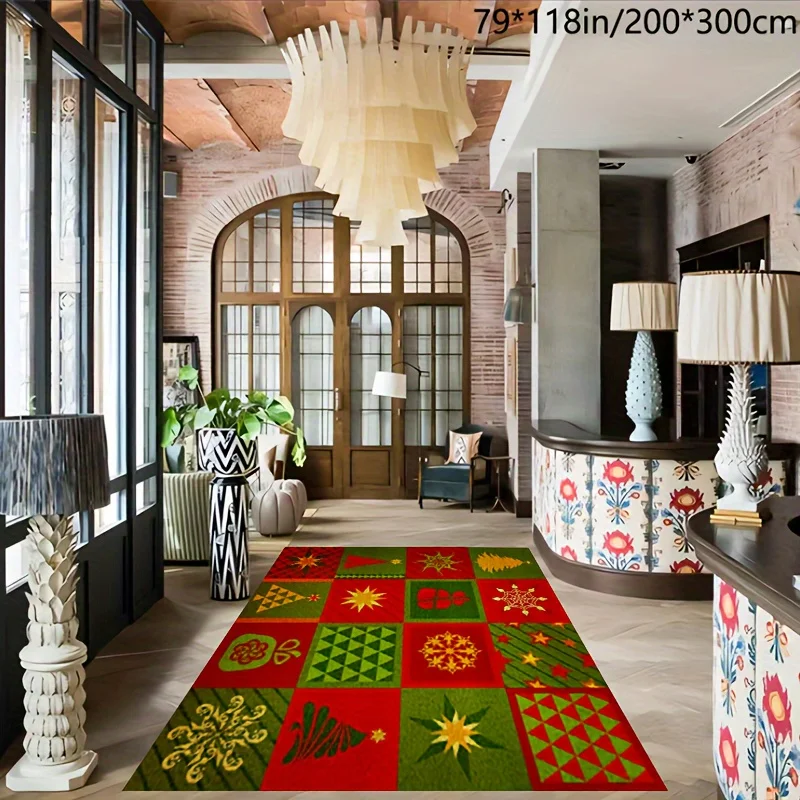 VIKAMA Christmas Patchwork Area Rug Xmas Tree Gift Star Grid Print Non‑Slip Washable Soft Carpet for Holiday Living Room Home