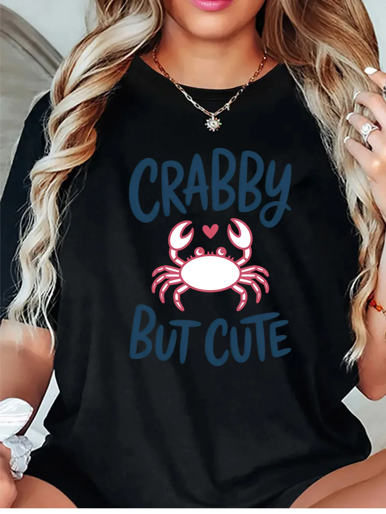 Crabby But Cute Lovely Crab Heart Graphic Womens T Shirt Short Sleeve Crew Neck Ocean Animal Casual Daily Ladies Soft Tee Tops