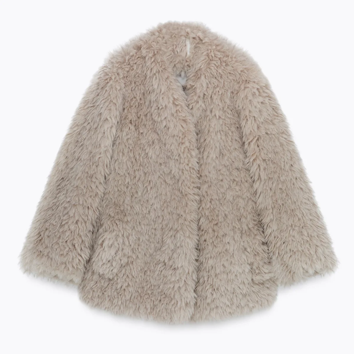 IG Women Beige Curly Faux Fur Shawl Collar Mid-Length Jacket, Oversized Open Front Long Sleeve, Winter Warm Elegant  Outerwear
