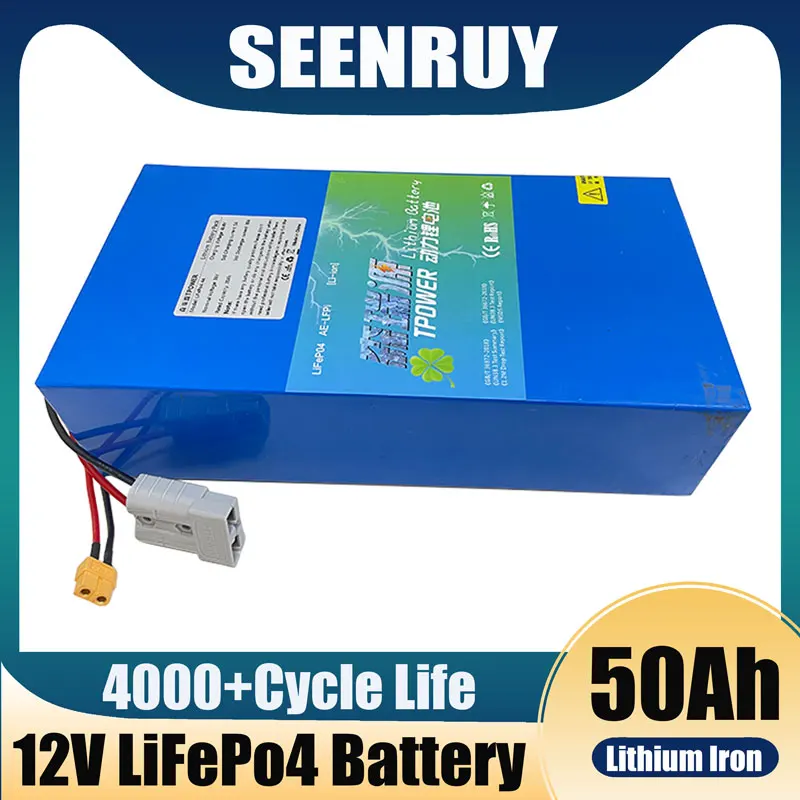 SEENRUY Lifepo4 12V 50Ah Chargeable Battery BMS 4S 12.8V for Emergency Light Boat Machine Lighting Xenon Inverter