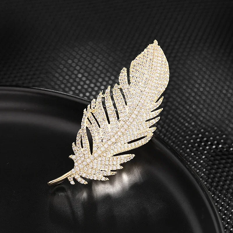 Vintage Full Rhinestone Gold Plated Silver Color Feather Brooches Women Copper Micro Inlaid Pins Wedding Party Jewelry Gift image 5